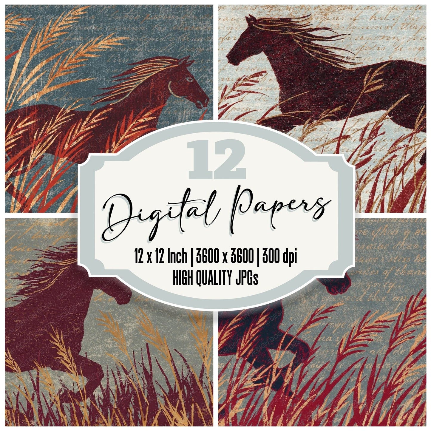 Woodblock Horse Grass Oxblood Digital Paper Pack (DDD012550)