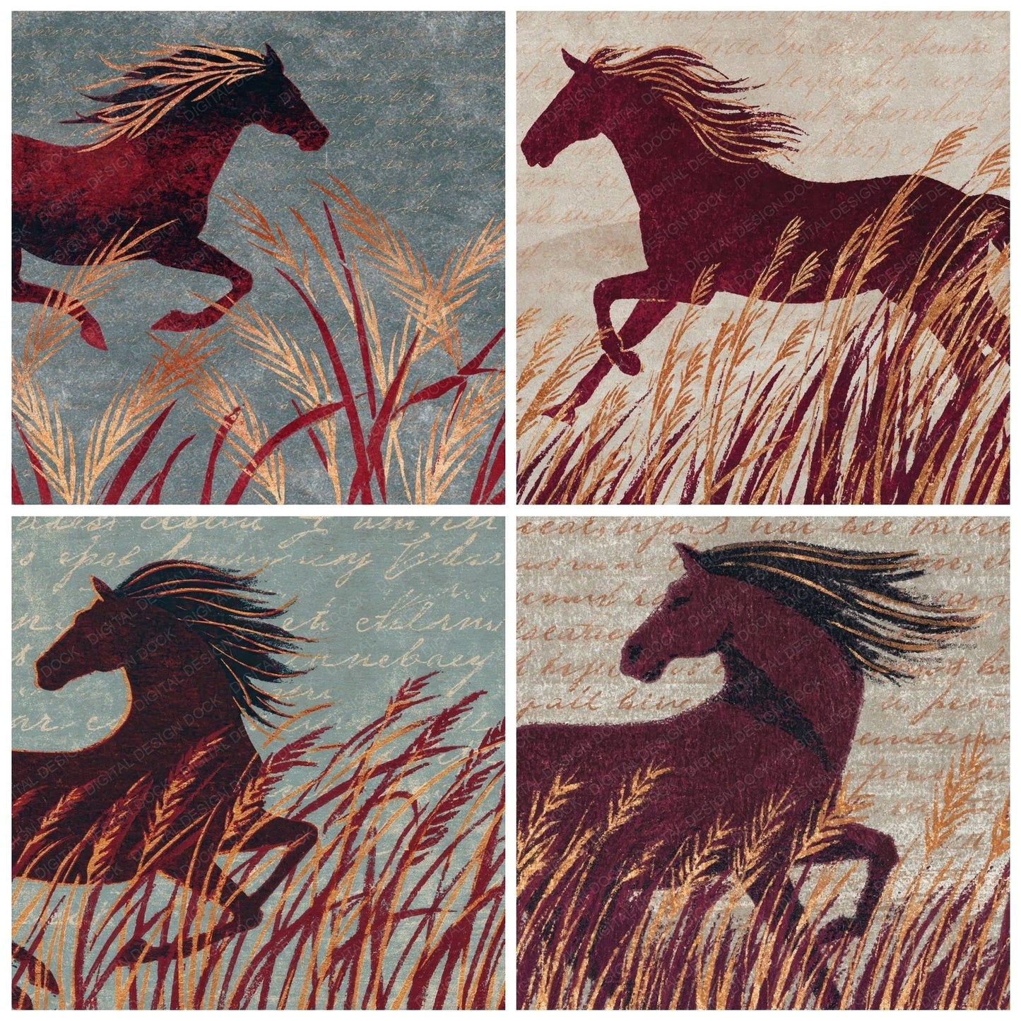 Woodblock Horse Grass Oxblood Digital Paper Pack (DDD012550)