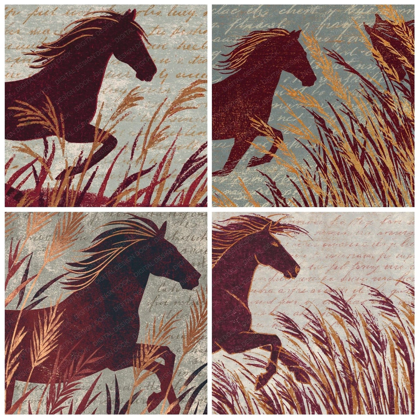 Woodblock Horse Grass Oxblood Digital Paper Pack (DDD012550)
