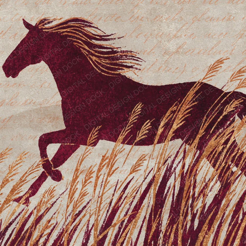 Woodblock Horse Grass Oxblood Digital Paper Pack (DDD012550)