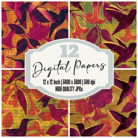 Woodblock Hummingbird Trumpet Vine Magenta Chartreuse Seamless Digital Paper Pack (DDD012551)