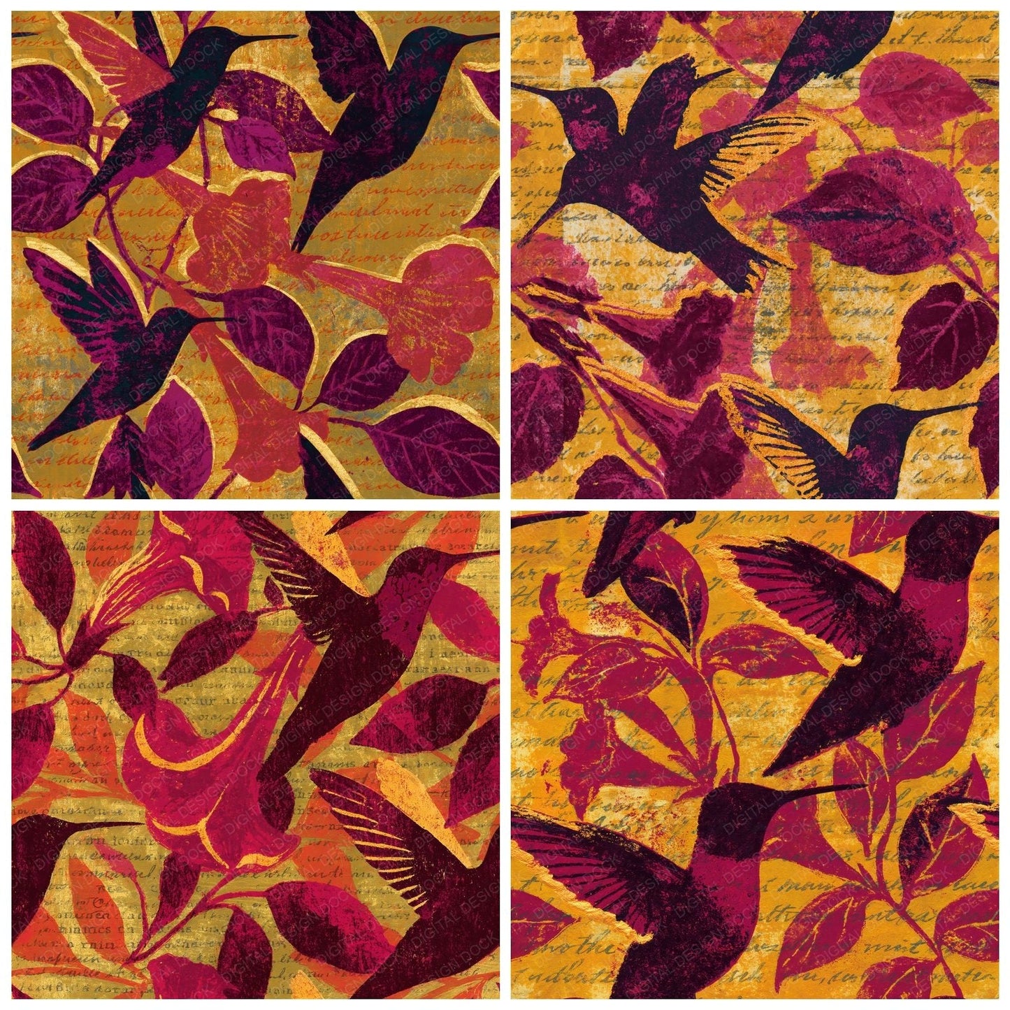 Woodblock Hummingbird Trumpet Vine Magenta Chartreuse Seamless Digital Paper Pack (DDD012551)