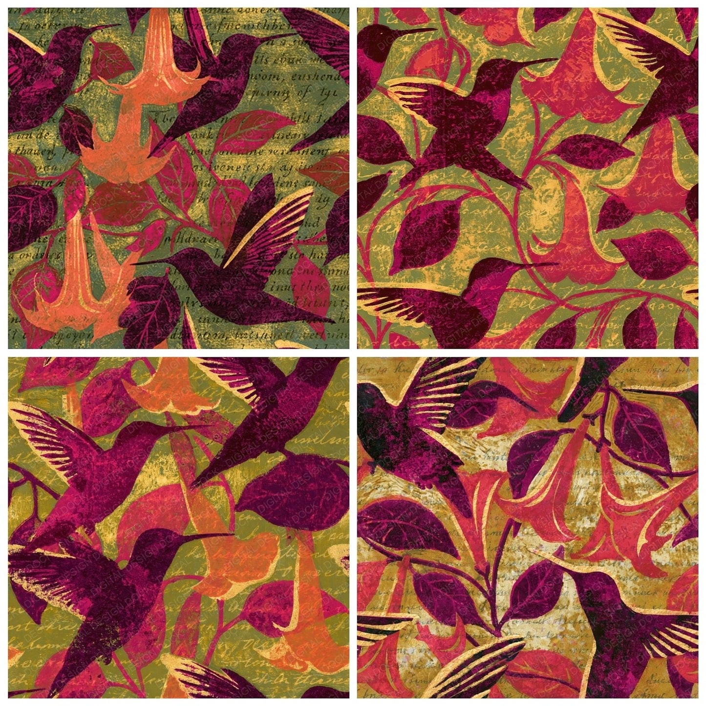 Woodblock Hummingbird Trumpet Vine Magenta Chartreuse Seamless Digital Paper Pack (DDD012551)