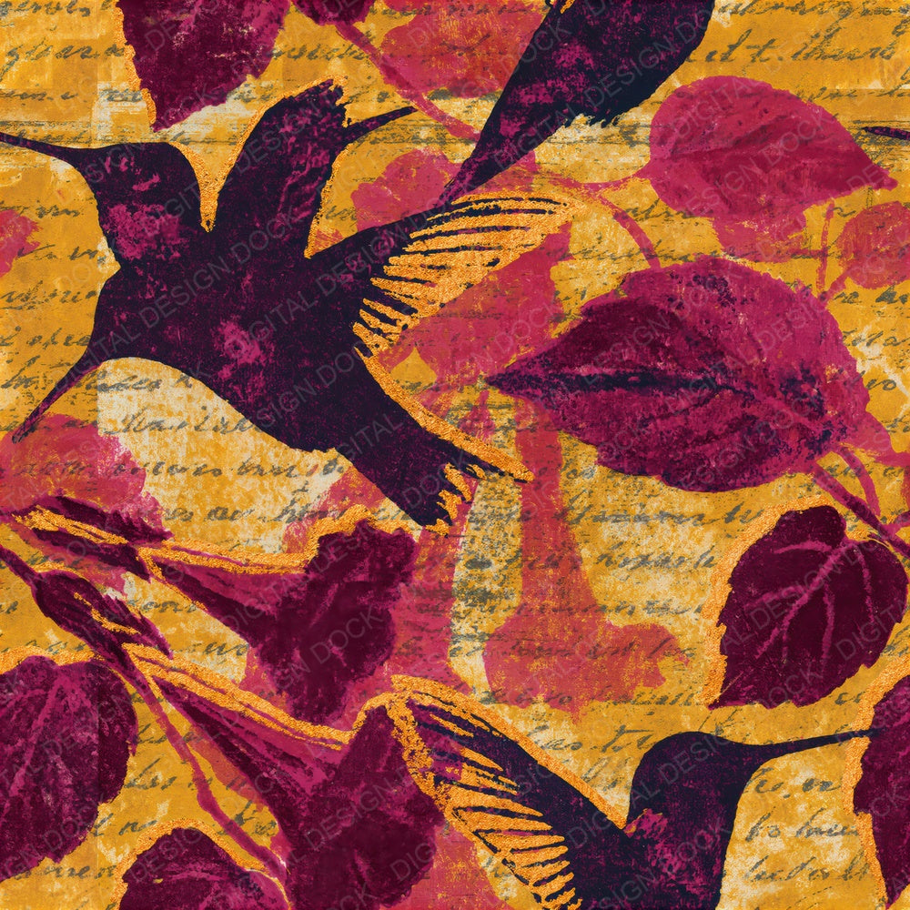 Woodblock Hummingbird Trumpet Vine Magenta Chartreuse Seamless Digital Paper Pack (DDD012551)