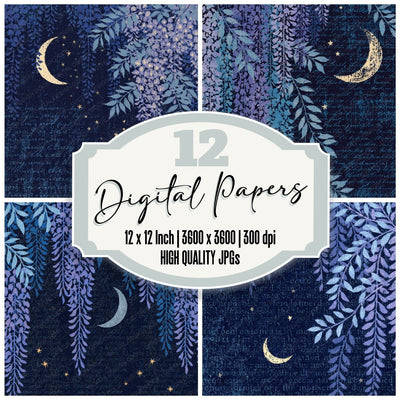 Woodblock Moon Wisteria Lavender Navy Digital Paper Pack (DDD012552)