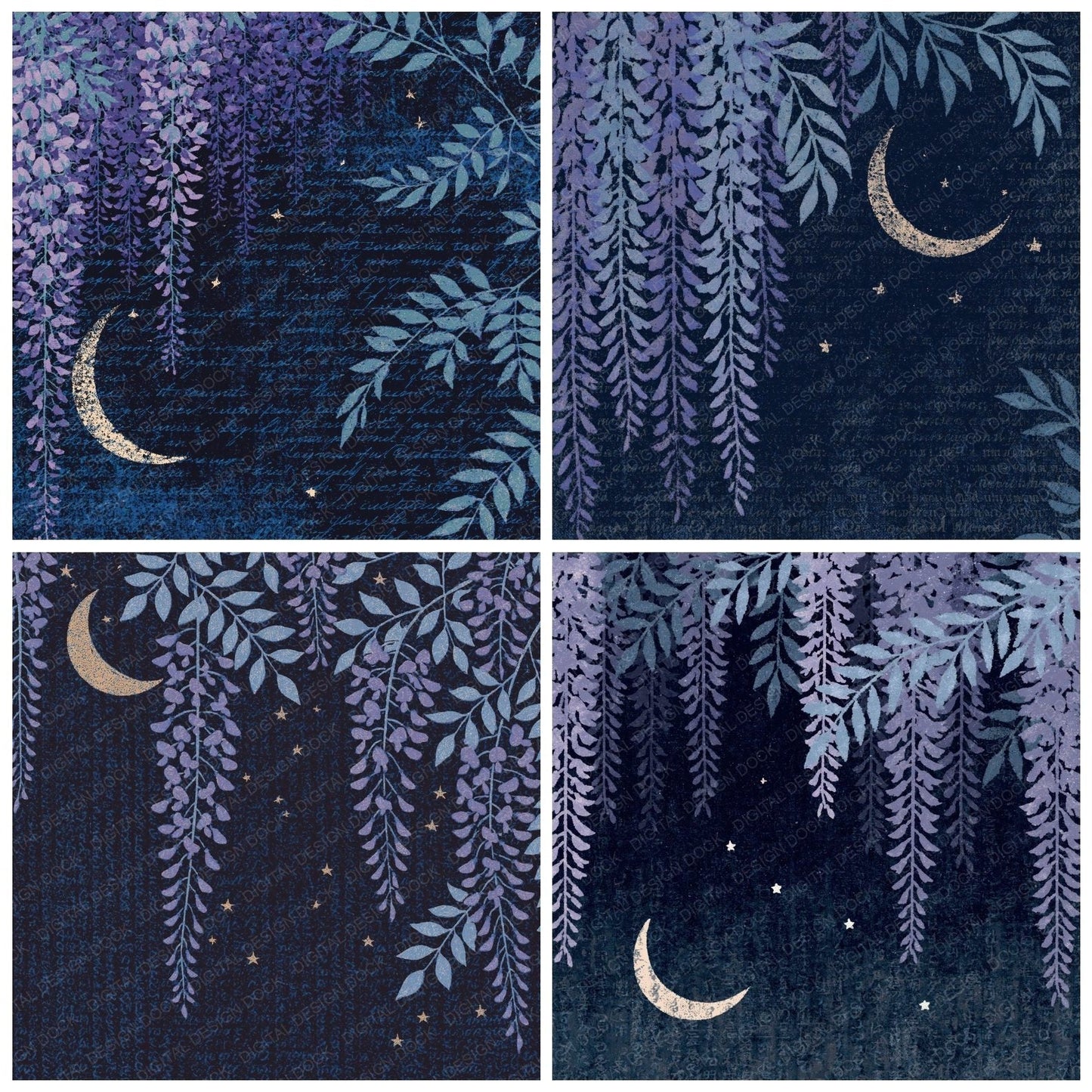 Woodblock Moon Wisteria Lavender Navy Digital Paper Pack (DDD012552)