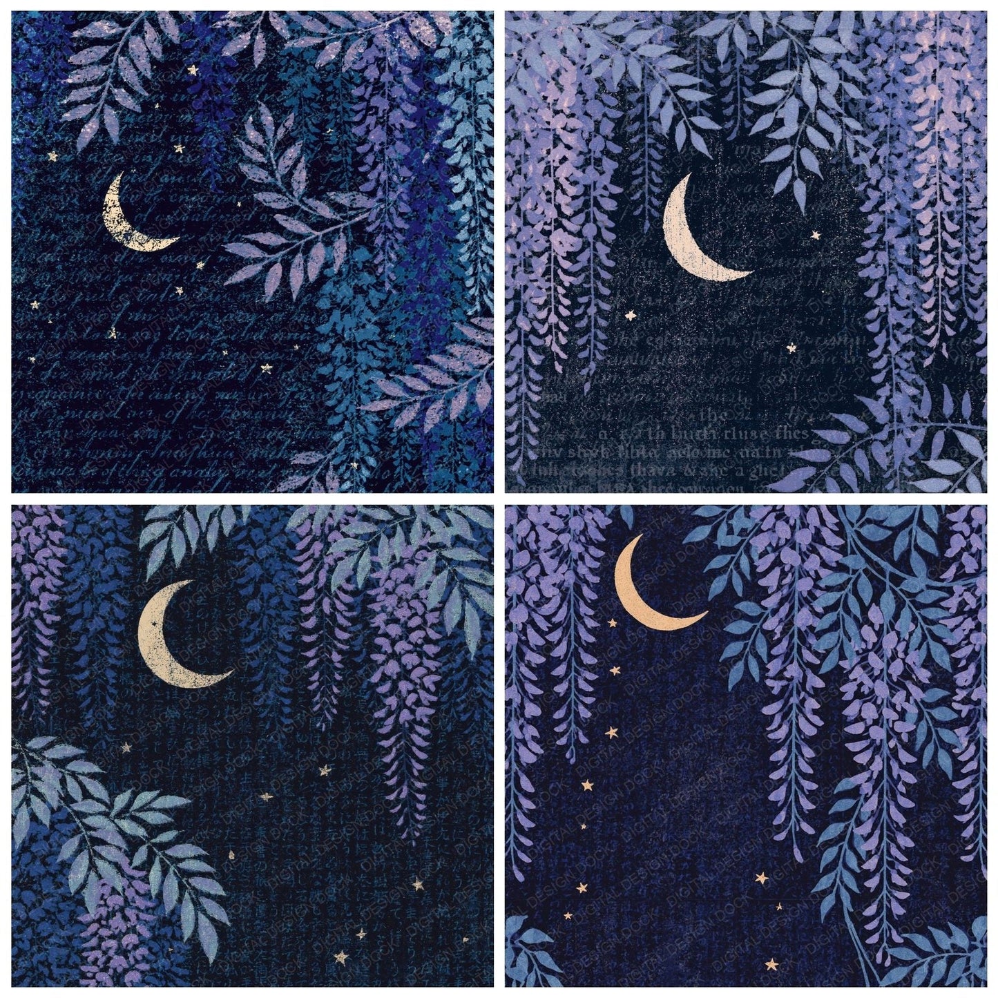 Woodblock Moon Wisteria Lavender Navy Digital Paper Pack (DDD012552)
