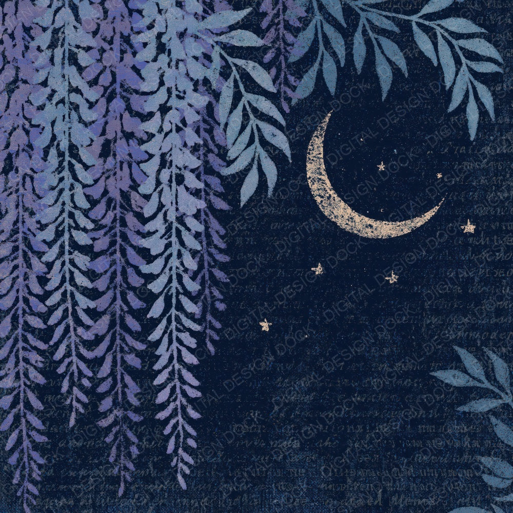 Woodblock Moon Wisteria Lavender Navy Digital Paper Pack (DDD012552)