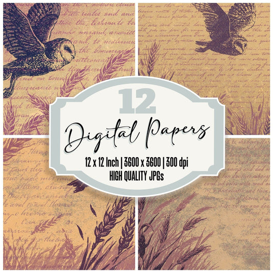Woodblock Owl Wheat Plum Gold Digital Paper Pack (DDD012553)