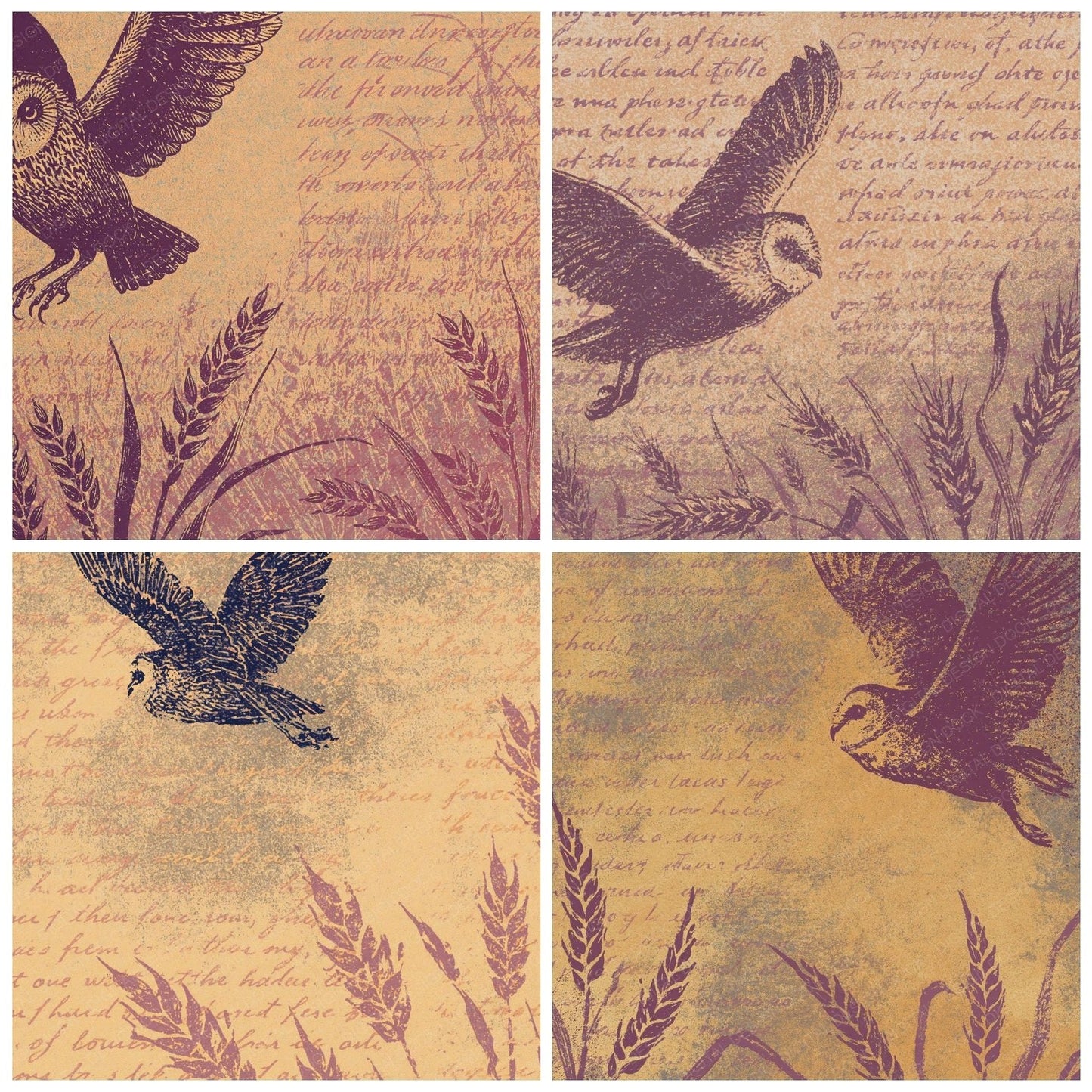 Woodblock Owl Wheat Plum Gold Digital Paper Pack (DDD012553)