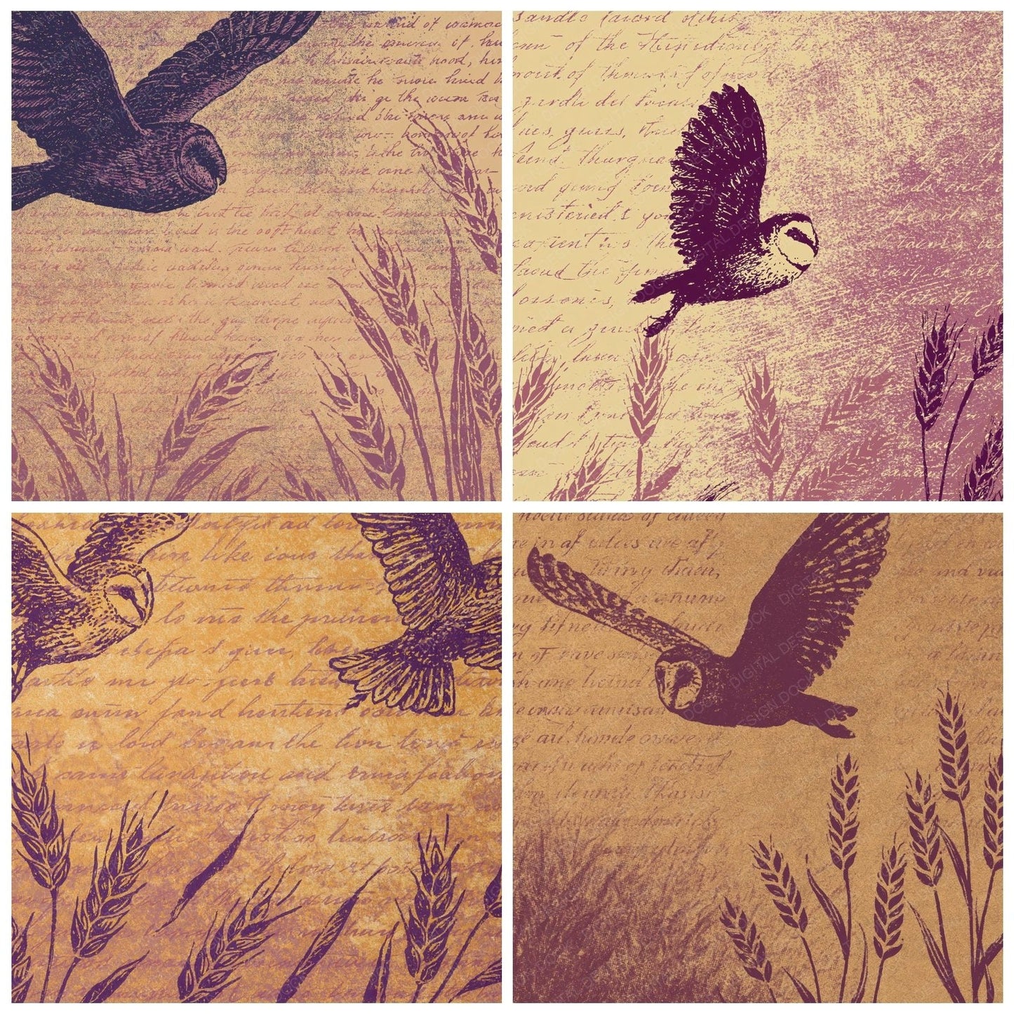 Woodblock Owl Wheat Plum Gold Digital Paper Pack (DDD012553)