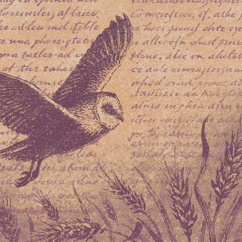 Woodblock Owl Wheat Plum Gold Digital Paper Pack (DDD012553)