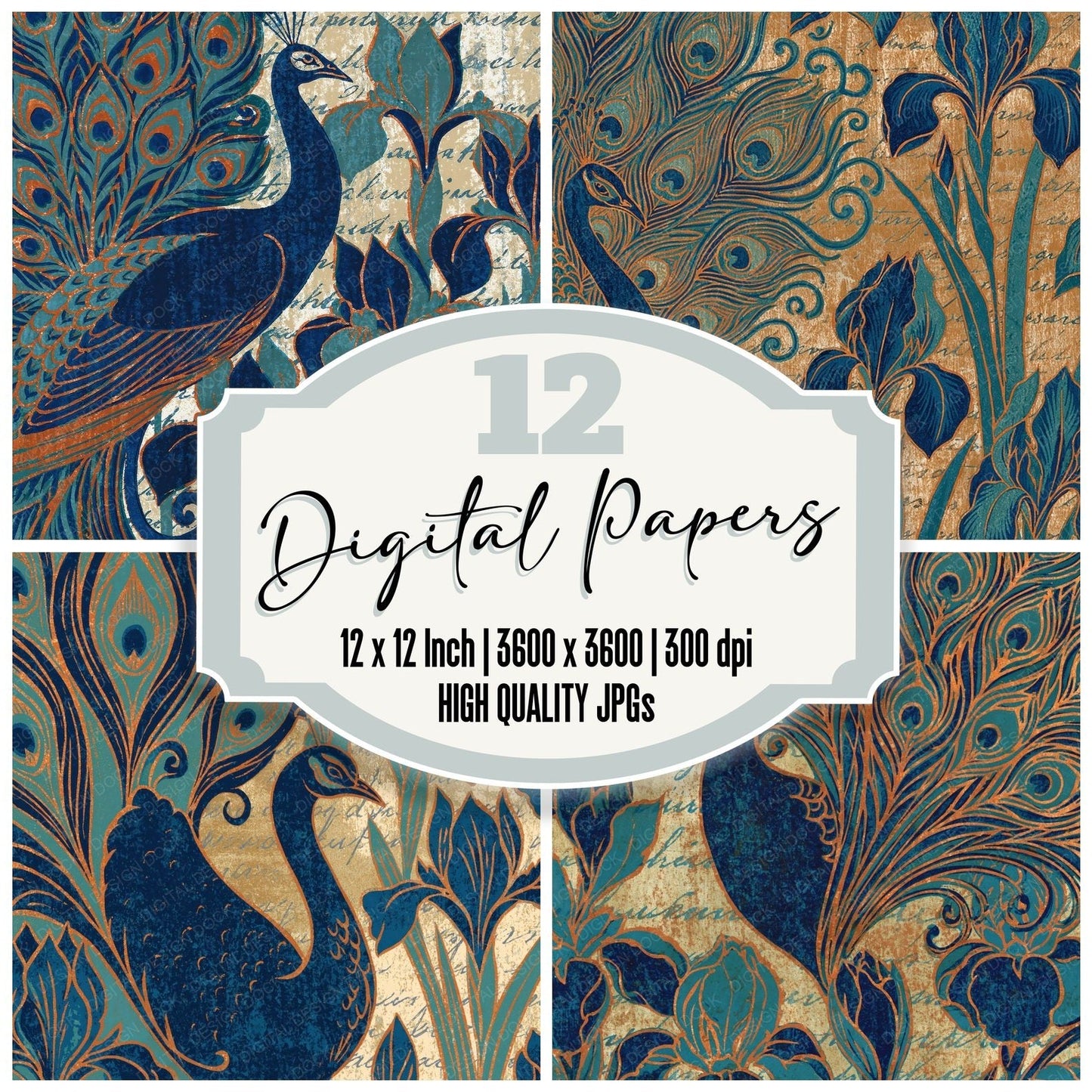 Woodblock Peacock Iris Gold Digital Paper Pack (DDD012554)