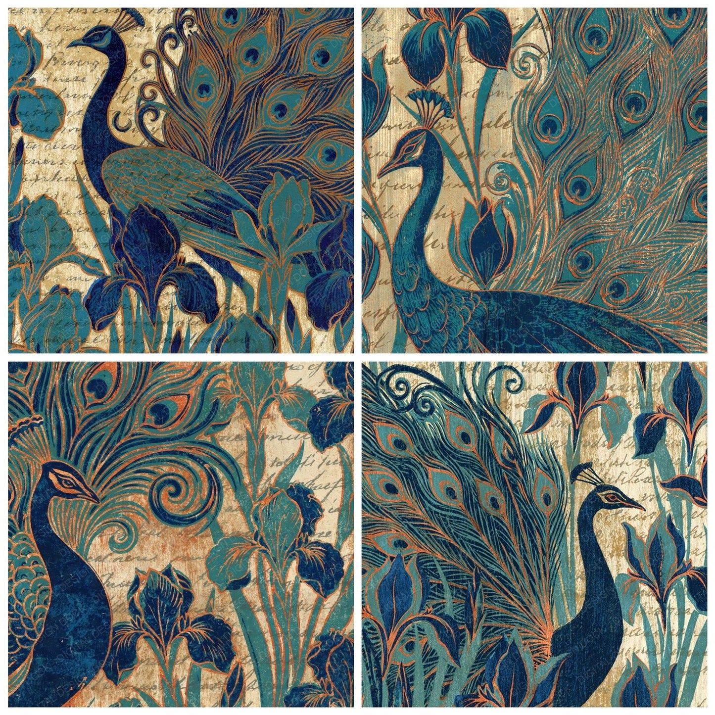 Woodblock Peacock Iris Gold Digital Paper Pack (DDD012554)