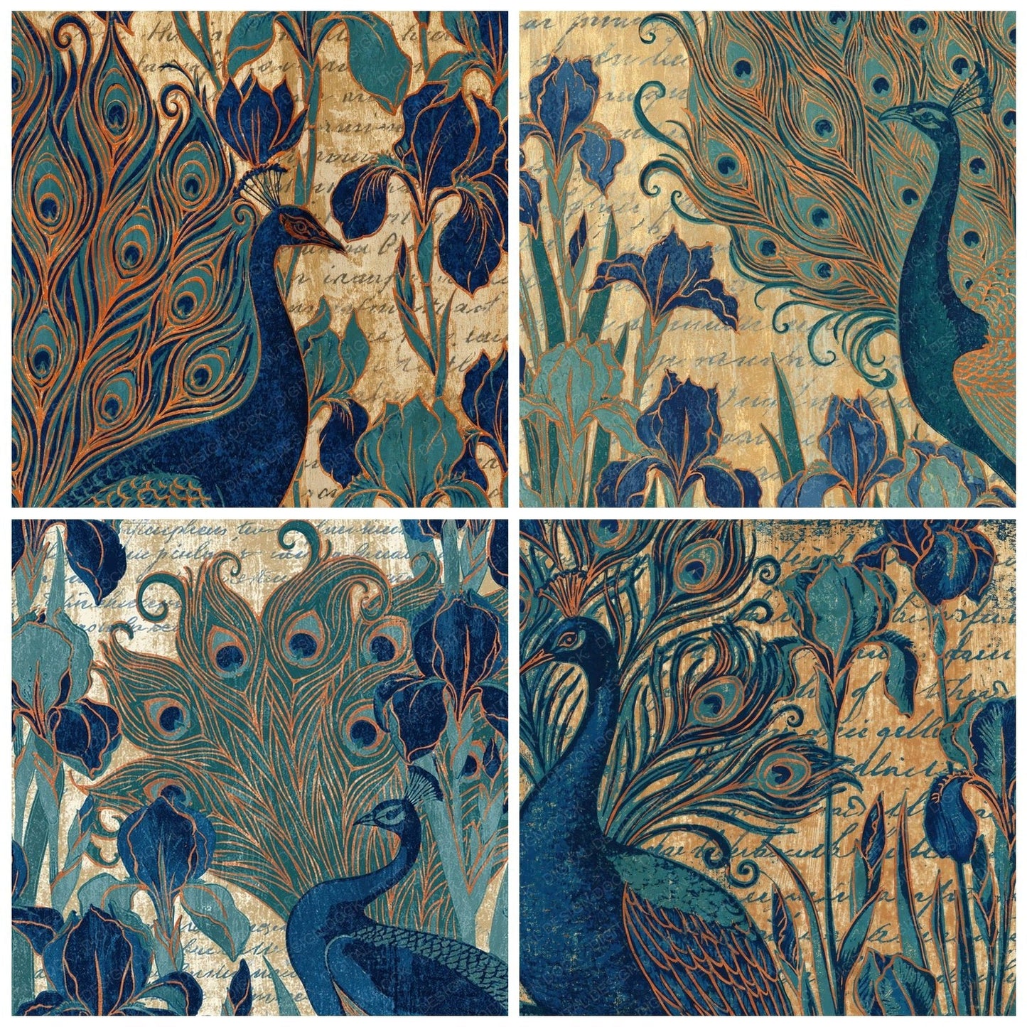 Woodblock Peacock Iris Gold Digital Paper Pack (DDD012554)