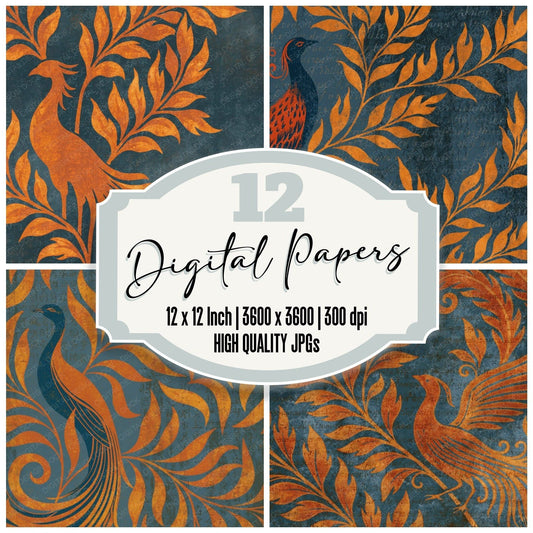 Woodblock Phoenix Flame Ember Slate Digital Paper Pack (DDD012555)