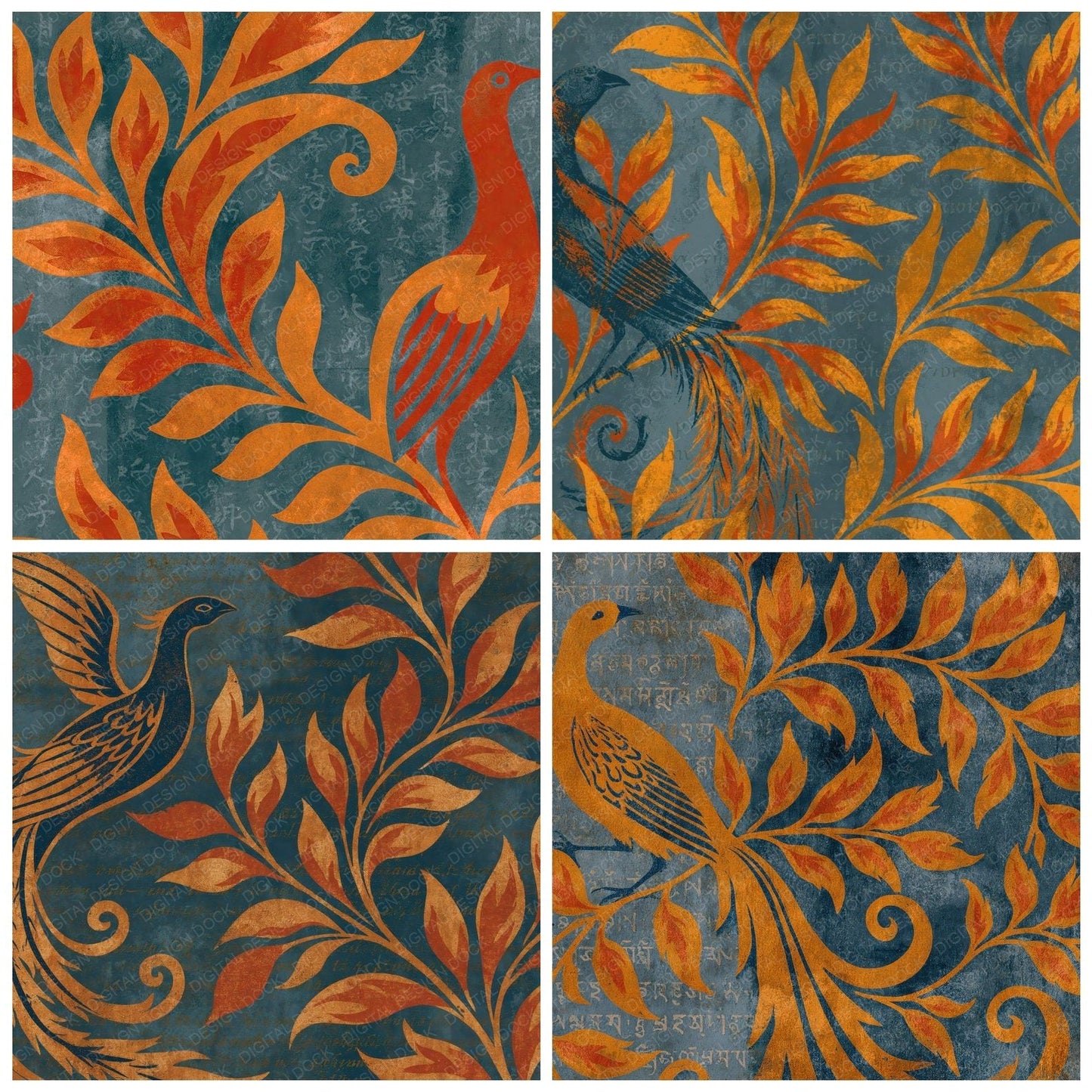 Woodblock Phoenix Flame Ember Slate Digital Paper Pack (DDD012555)