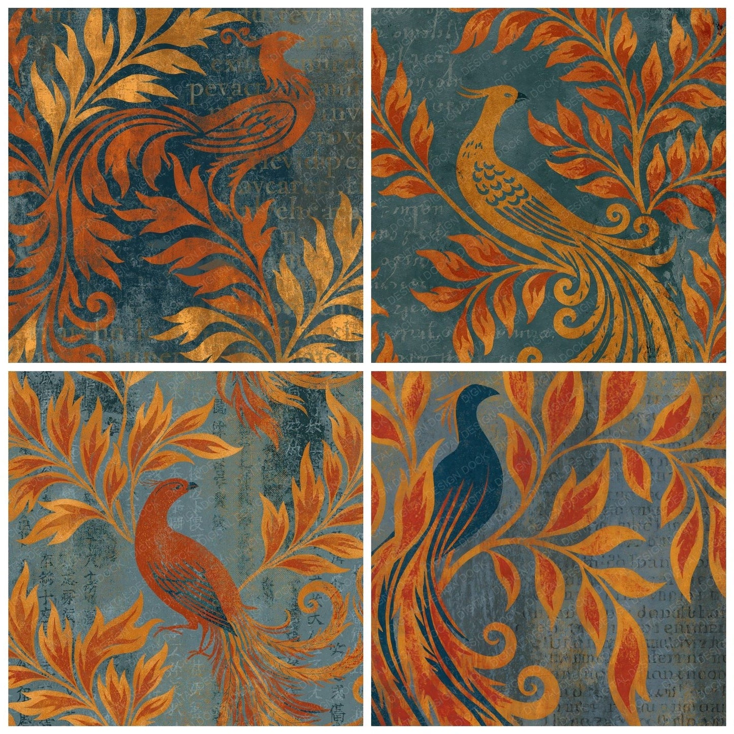 Woodblock Phoenix Flame Ember Slate Digital Paper Pack (DDD012555)
