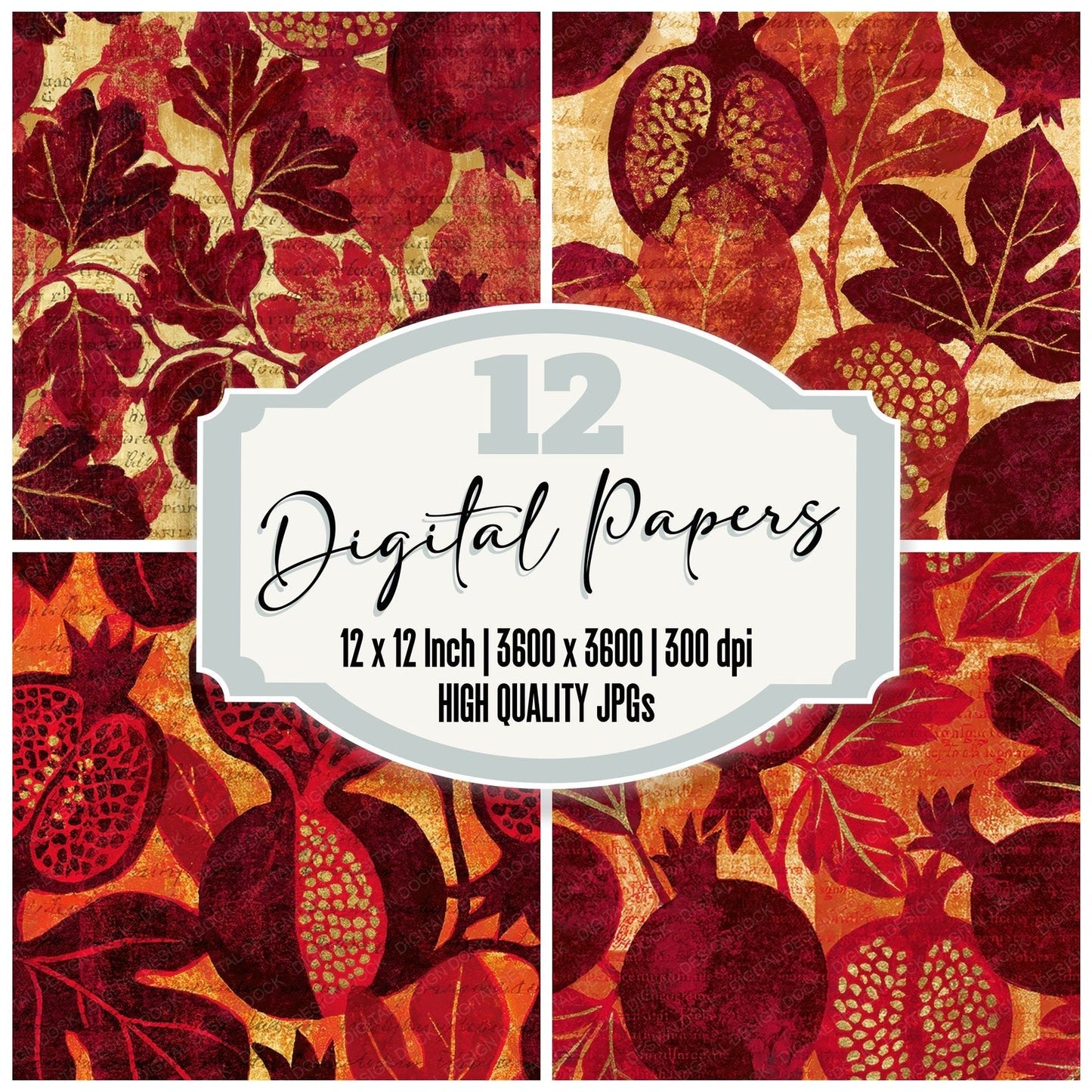 Woodblock Pomegranate Fig Ruby Clay Seamless Digital Paper Pack (DDD012556)