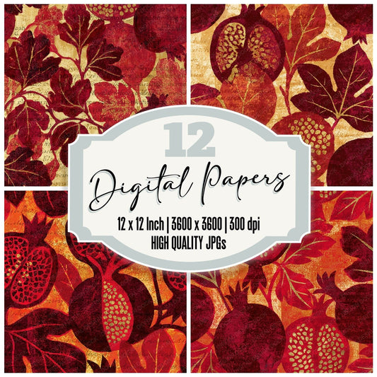 Woodblock Pomegranate Fig Ruby Clay Seamless Digital Paper Pack (DDD012556)