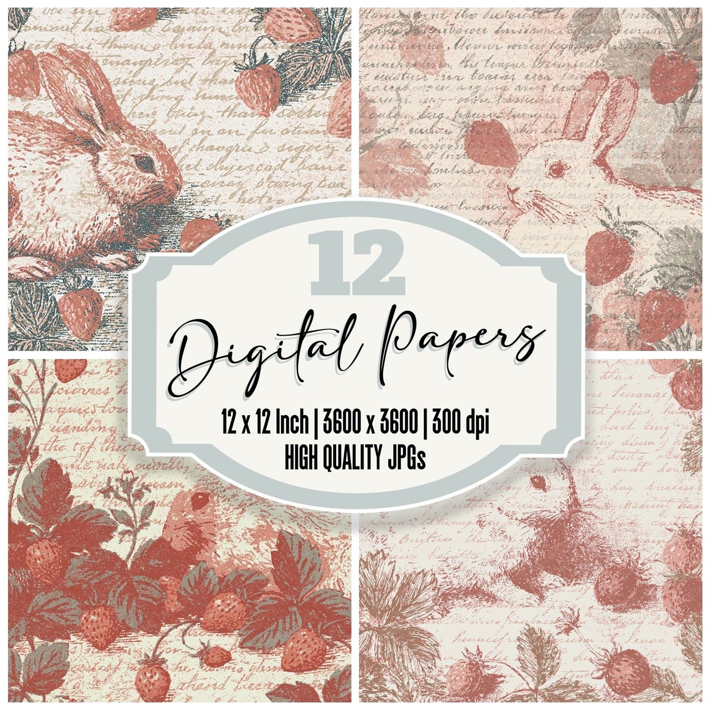 Woodblock Rabbit Strawberry Buttercream Digital Paper Pack (DDD012557)