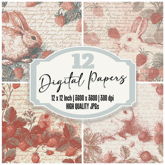 Woodblock Rabbit Strawberry Buttercream Digital Paper Pack (DDD012557)
