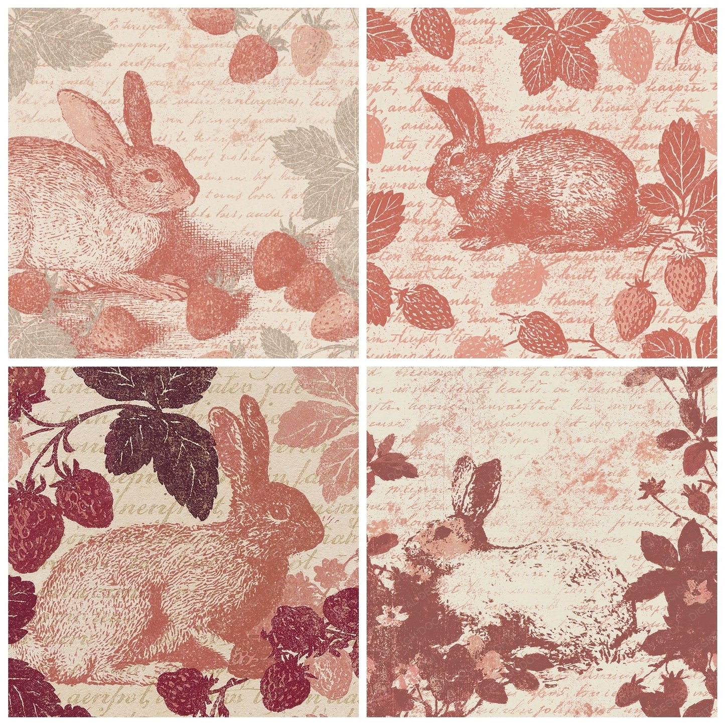 Woodblock Rabbit Strawberry Buttercream Digital Paper Pack (DDD012557)