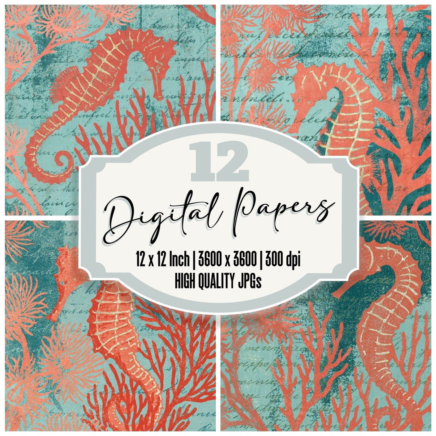 Woodblock Seahorse Coral Salmon Aquamarine Digital Paper Pack (DDD012558)