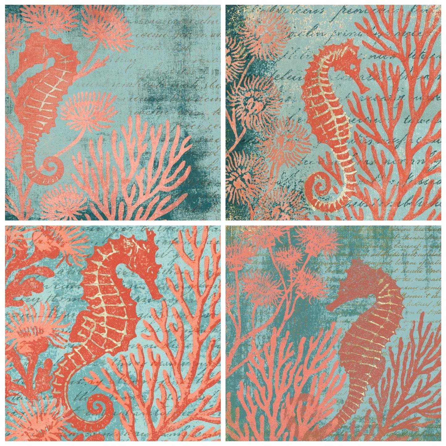 Woodblock Seahorse Coral Salmon Aquamarine Digital Paper Pack (DDD012558)