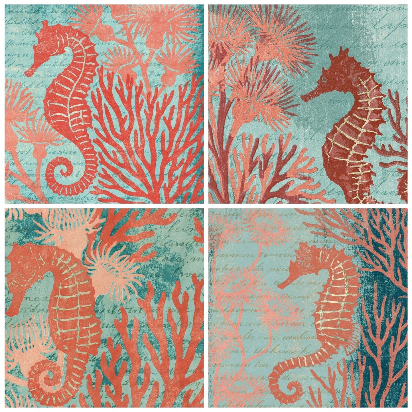 Woodblock Seahorse Coral Salmon Aquamarine Digital Paper Pack (DDD012558)