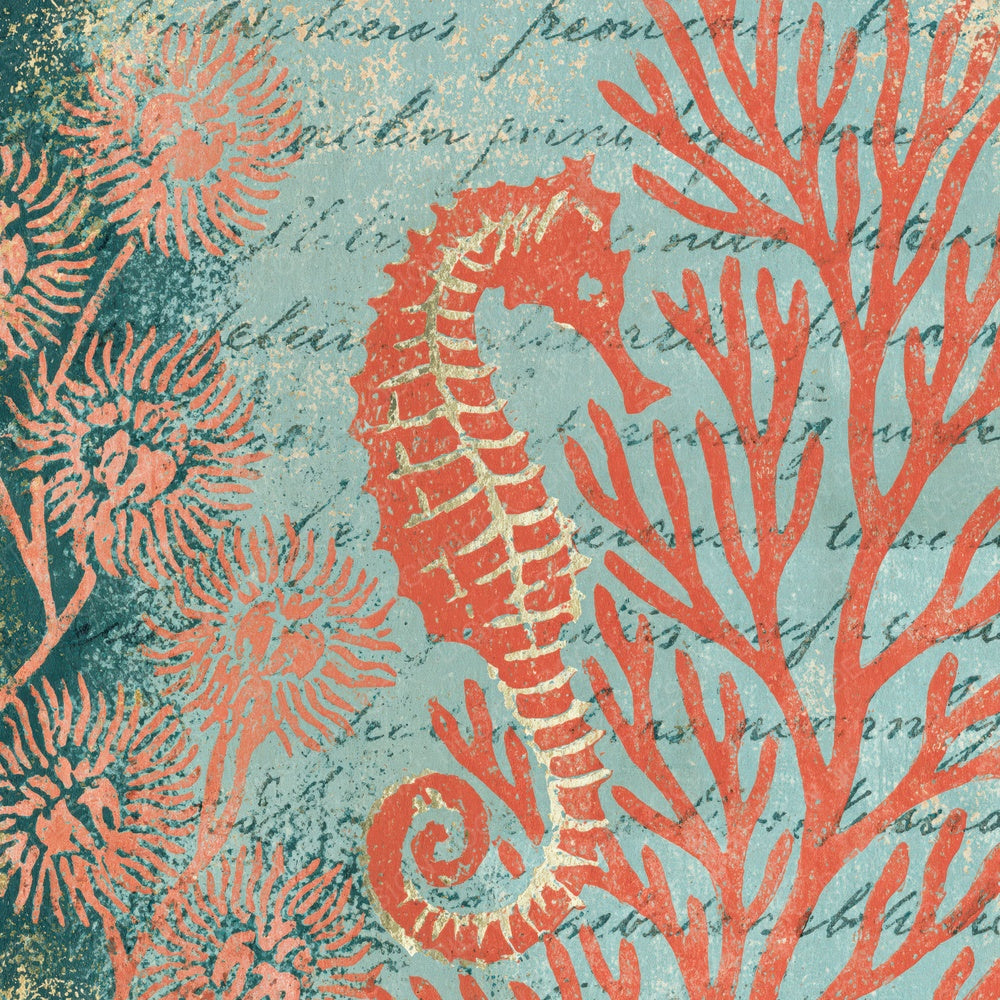 Woodblock Seahorse Coral Salmon Aquamarine Digital Paper Pack (DDD012558)