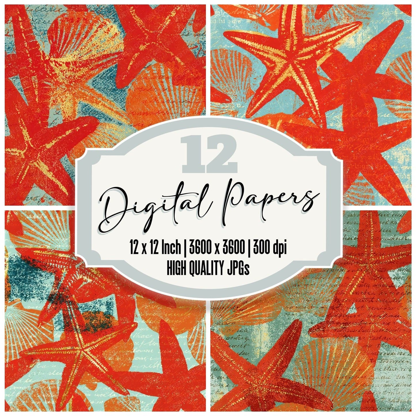 Woodblock Starfish Shell Seamless Digital Paper Pack (DDD012560)
