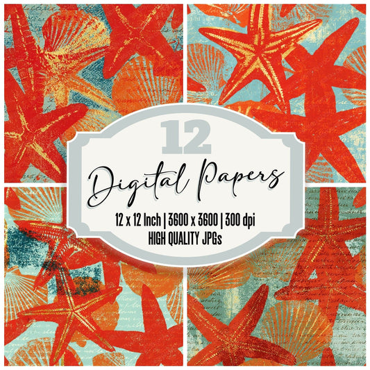 Woodblock Starfish Shell Seamless Digital Paper Pack (DDD012560)