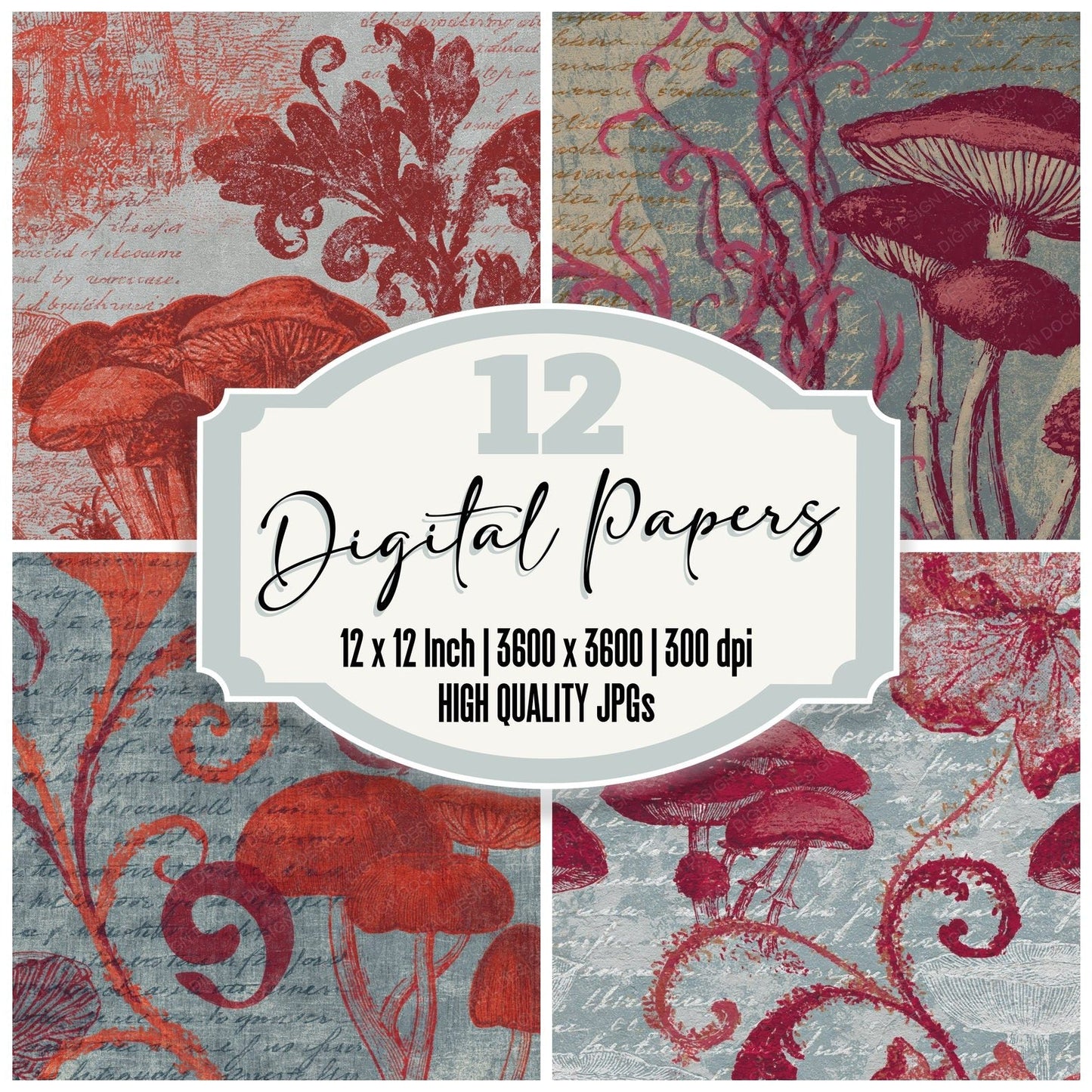 Woodblock Toadstool Moss Scarlet Ash Digital Paper Pack (DDD012562)