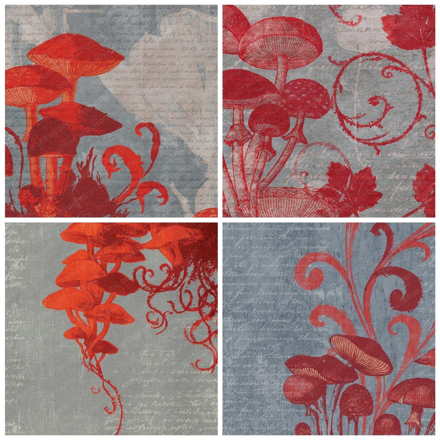 Woodblock Toadstool Moss Scarlet Ash Digital Paper Pack (DDD012562)