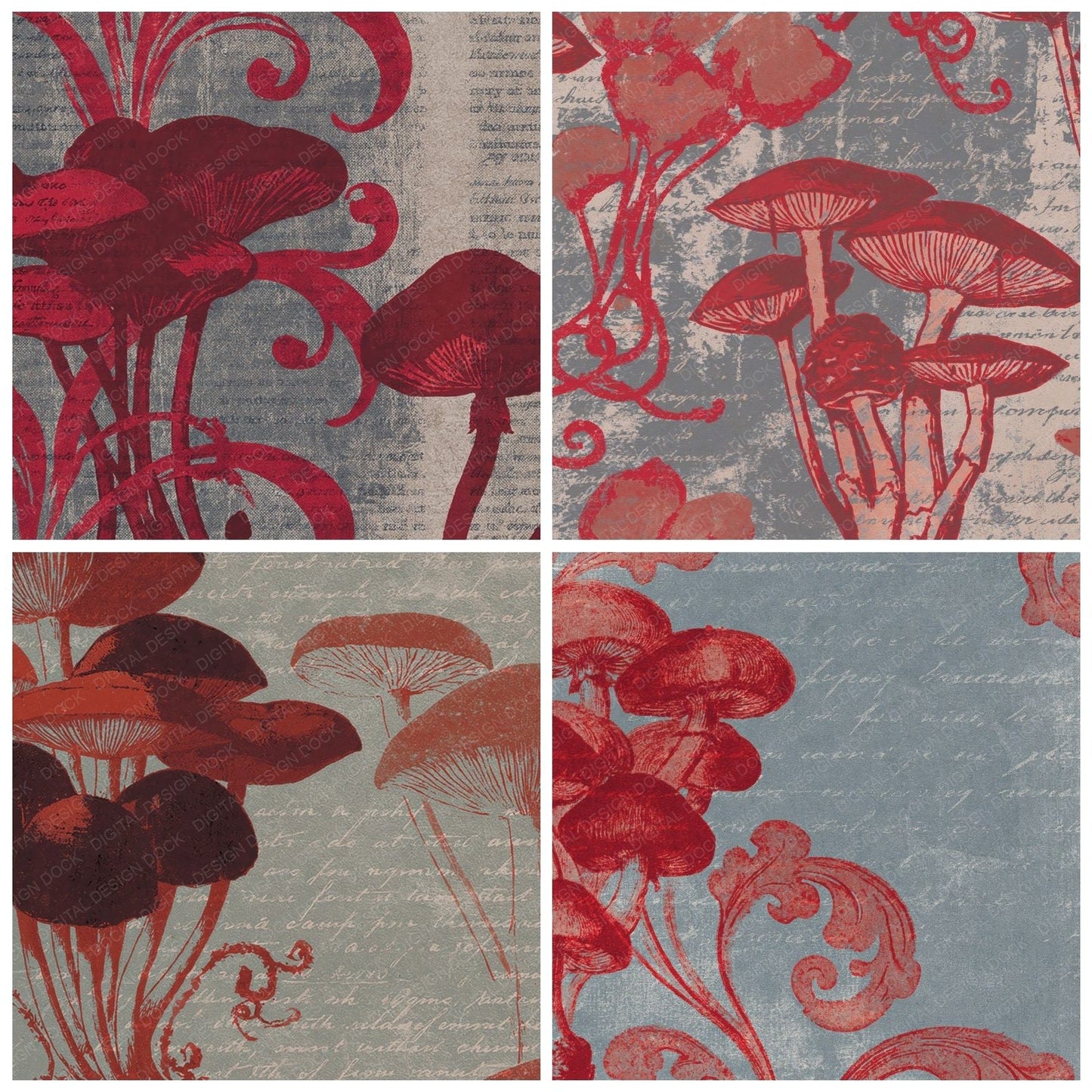 Woodblock Toadstool Moss Scarlet Ash Digital Paper Pack (DDD012562)