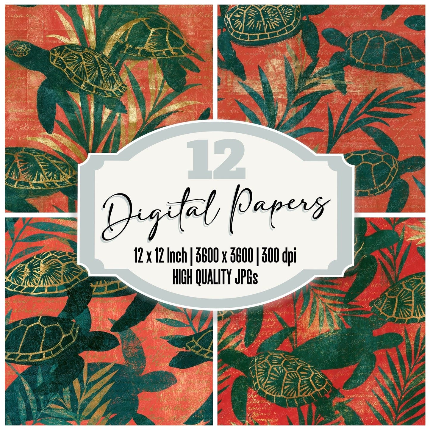 Woodblock Turtle Seagrass Coral Seamless Digital Paper Pack (DDD012563)