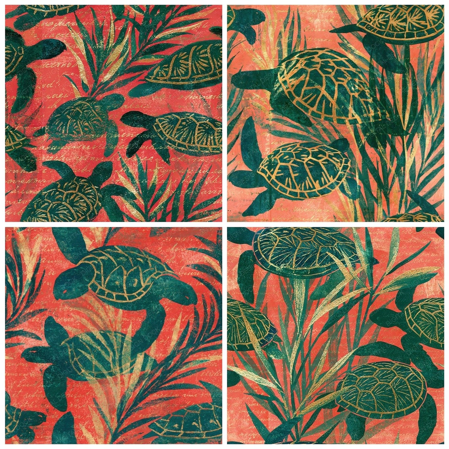 Woodblock Turtle Seagrass Coral Seamless Digital Paper Pack (DDD012563)