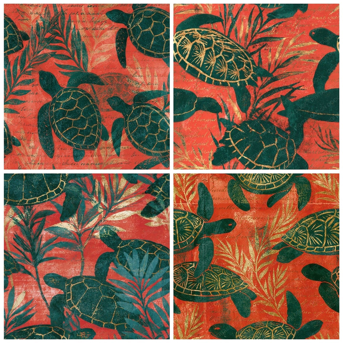 Woodblock Turtle Seagrass Coral Seamless Digital Paper Pack (DDD012563)
