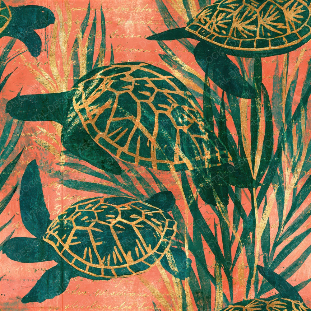 Woodblock Turtle Seagrass Coral Seamless Digital Paper Pack (DDD012563)