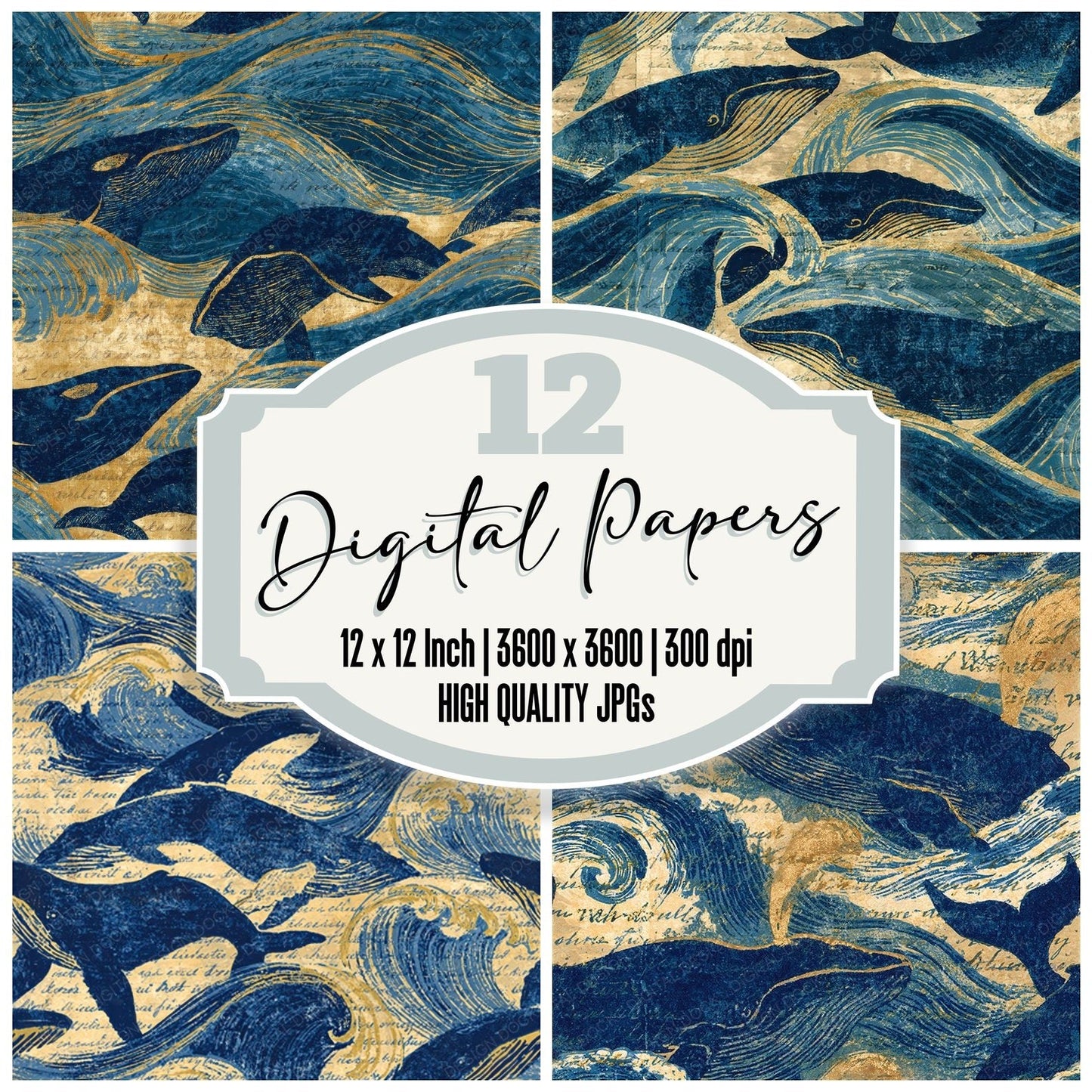 Woodblock Whale Wave Sand Seamless Digital Paper Pack (DDD012564)