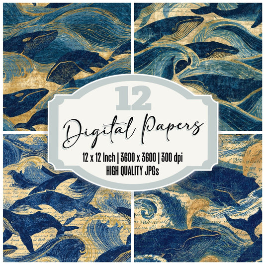 Woodblock Whale Wave Sand Seamless Digital Paper Pack (DDD012564)