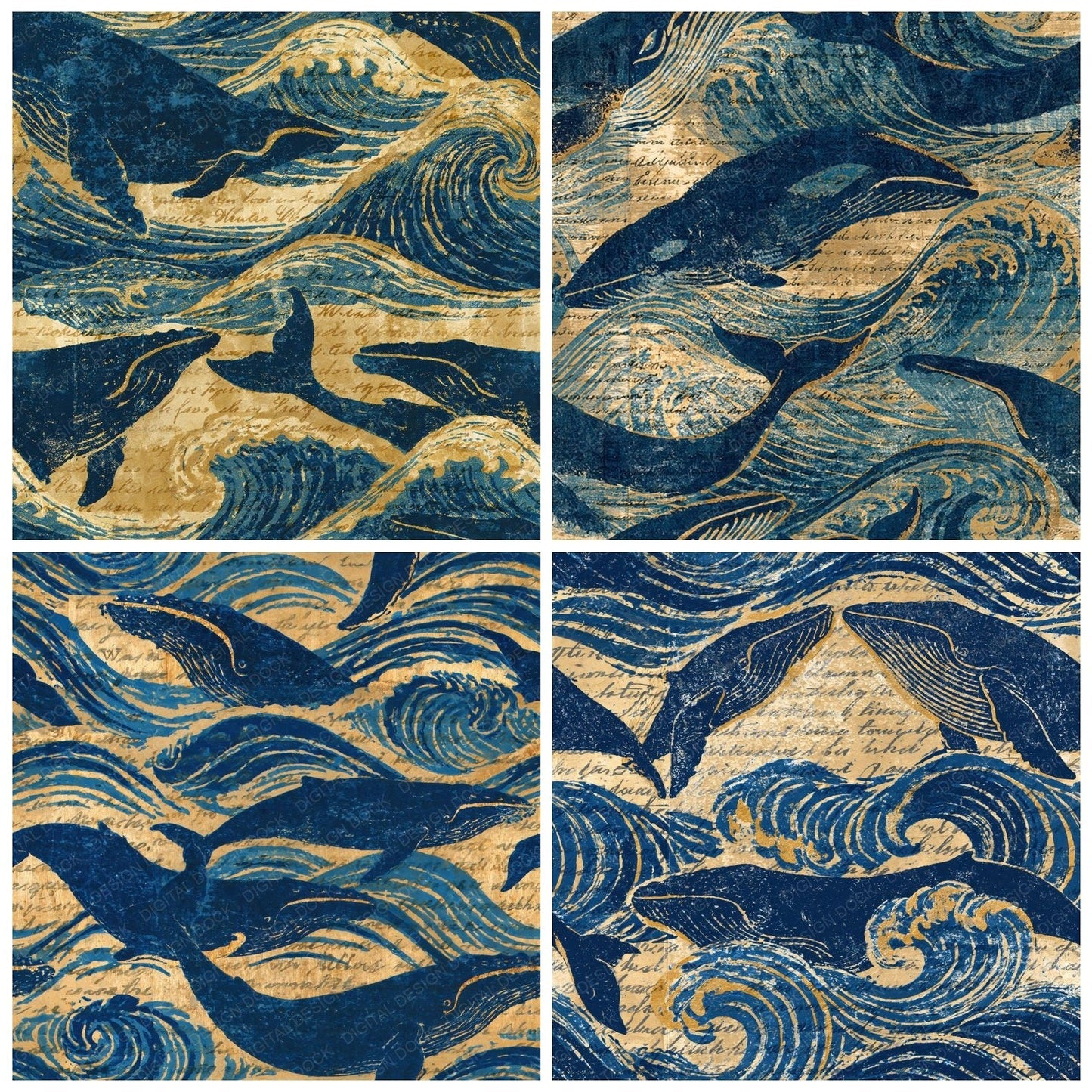 Woodblock Whale Wave Sand Seamless Digital Paper Pack (DDD012564)