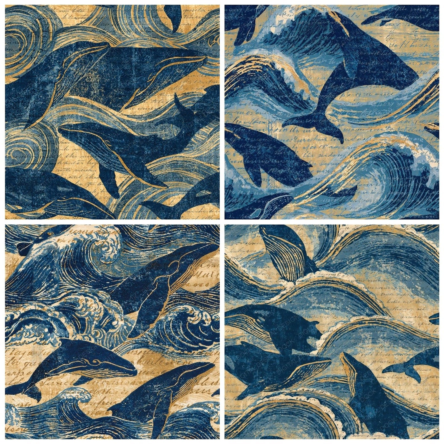 Woodblock Whale Wave Sand Seamless Digital Paper Pack (DDD012564)