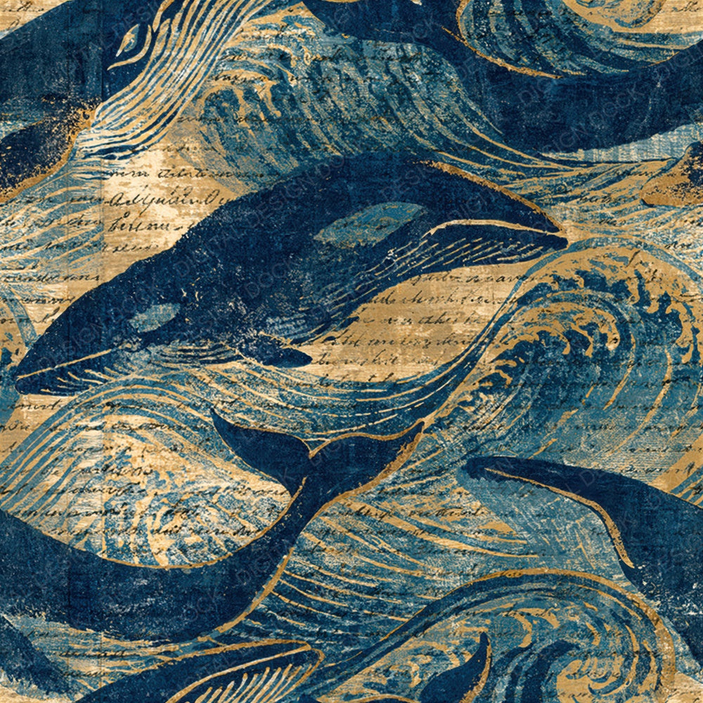 Woodblock Whale Wave Sand Seamless Digital Paper Pack (DDD012564)