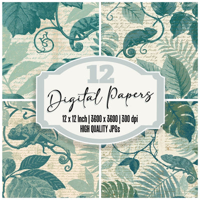Woodblock Chameleon Vine Jade Digital Paper Pack (DDD012565)