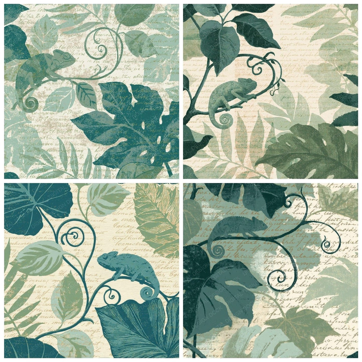 Woodblock Chameleon Vine Jade Digital Paper Pack (DDD012565)