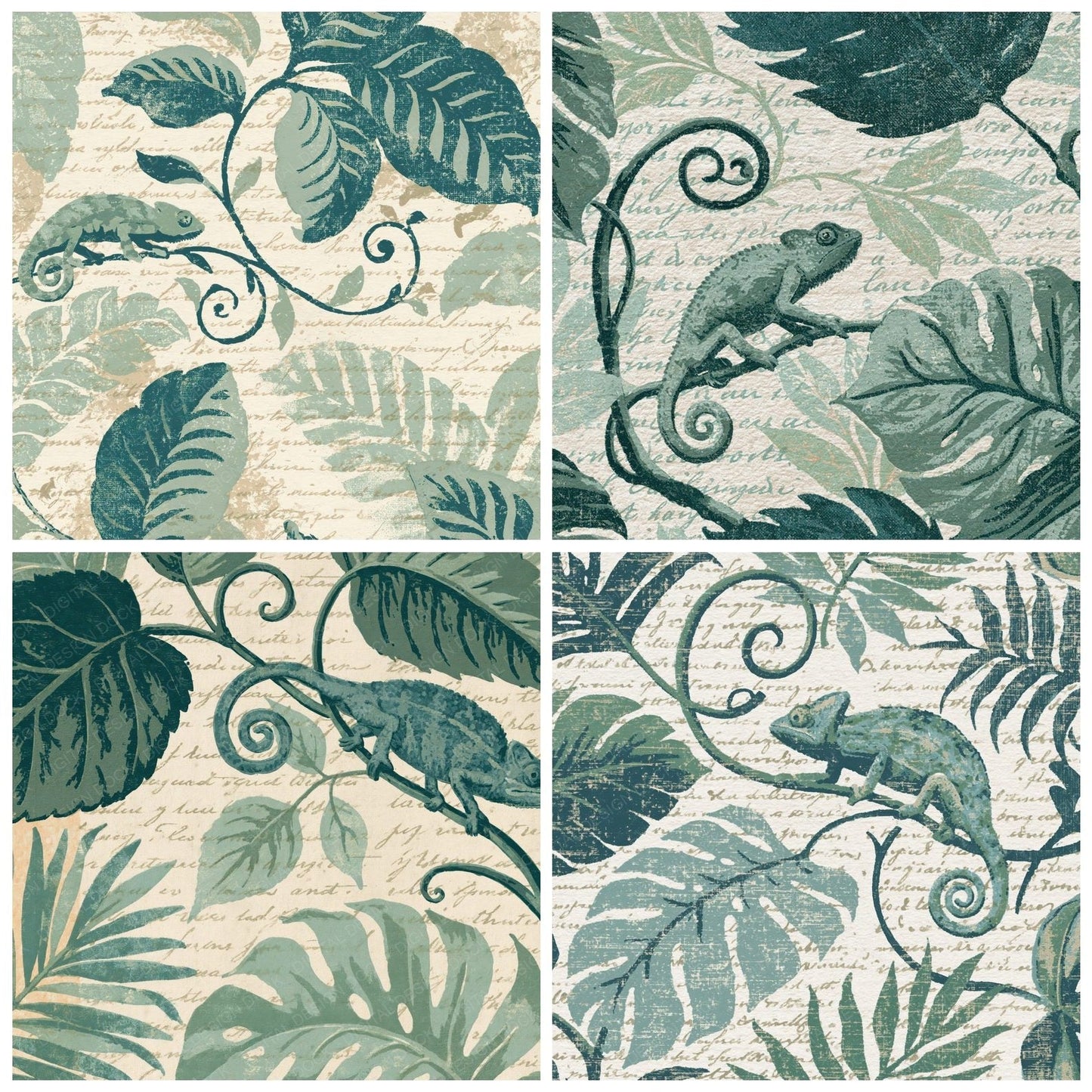 Woodblock Chameleon Vine Jade Digital Paper Pack (DDD012565)