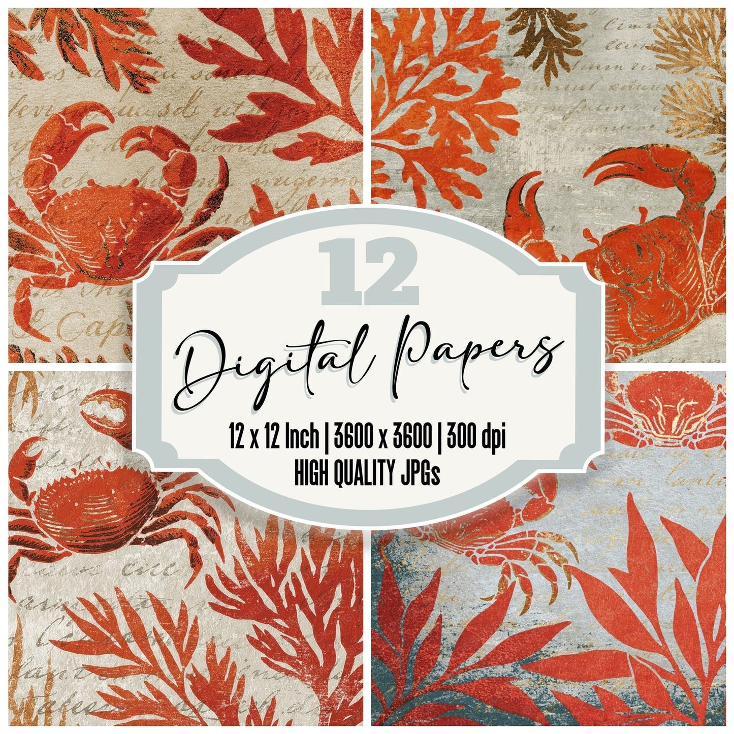 Woodblock Crab Seaweed Persimmon Digital Paper Pack (DDD012566)