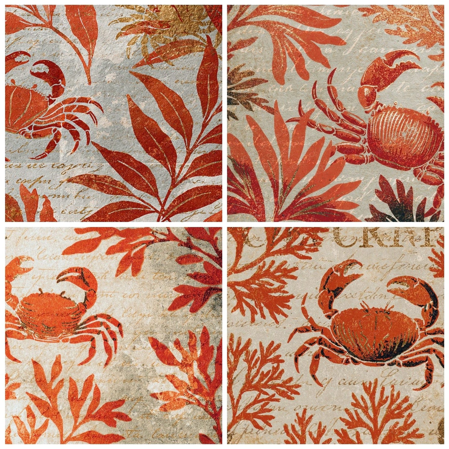 Woodblock Crab Seaweed Persimmon Digital Paper Pack (DDD012566)